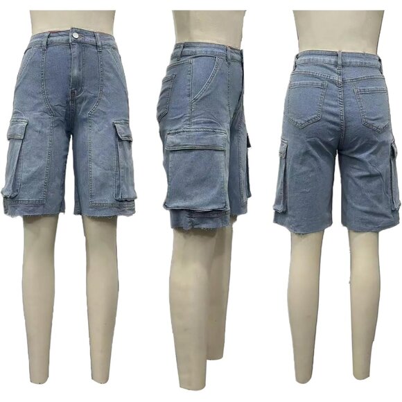 Womens Bermuda Cargo Jean Shorts High Waisted Ripped Raw Hem Denim - Picture 6 of 6